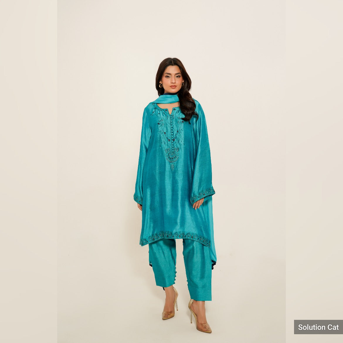 CP13-25 COBALT- KHADDI SILK SHORT SHIRT WITH SHALWAR