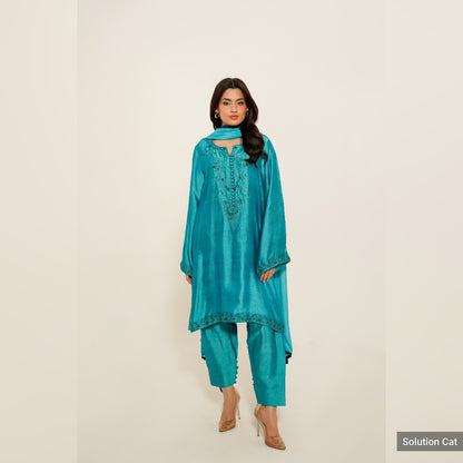 CP13-25 COBALT- KHADDI SILK SHORT SHIRT WITH SHALWAR