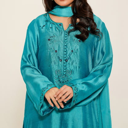 CP13-25 COBALT- KHADDI SILK SHORT SHIRT WITH SHALWAR