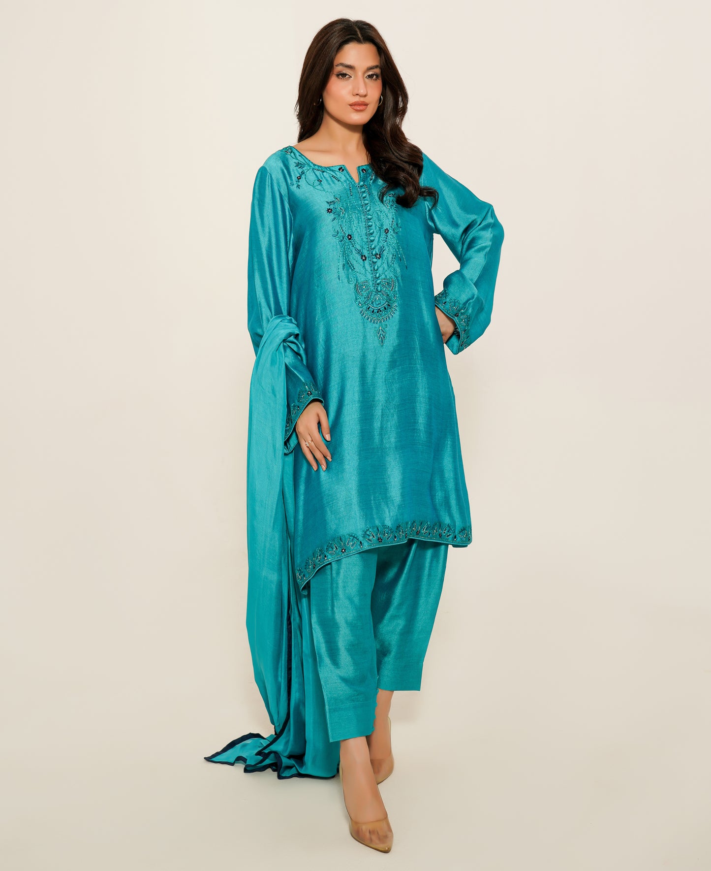 CP13-25 COBALT- KHADDI SILK SHORT SHIRT WITH SHALWAR