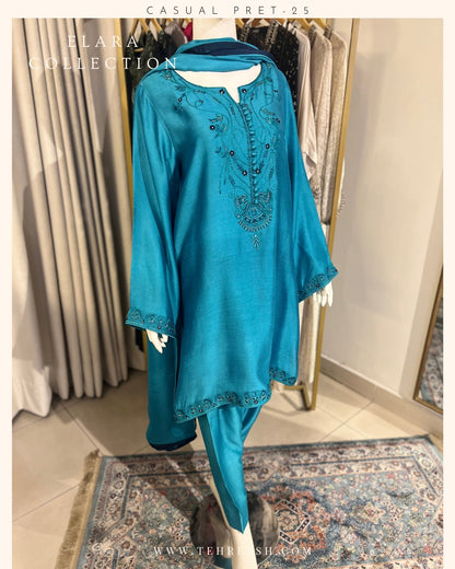 CP13-25 COBALT- KHADDI SILK SHORT SHIRT WITH SHALWAR