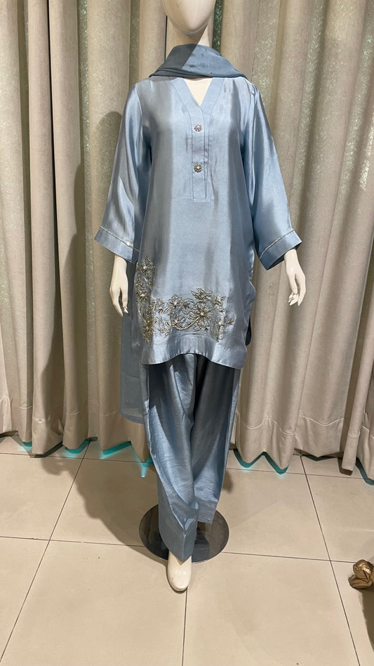 CP33-25 BLUE-TISSUE SILK SHIRT WITH PANTS