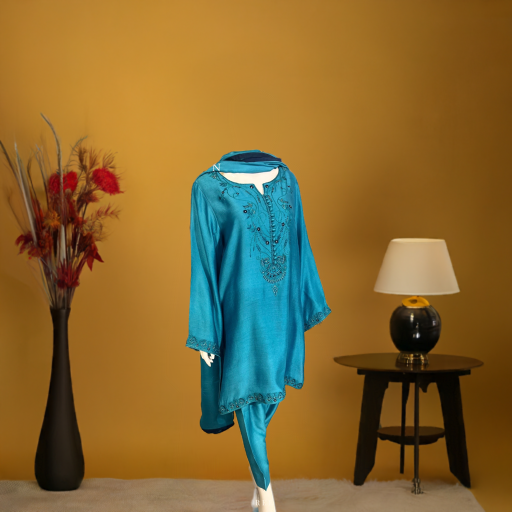 CP13-25 COBALT- KHADDI SILK SHORT SHIRT WITH SHALWAR